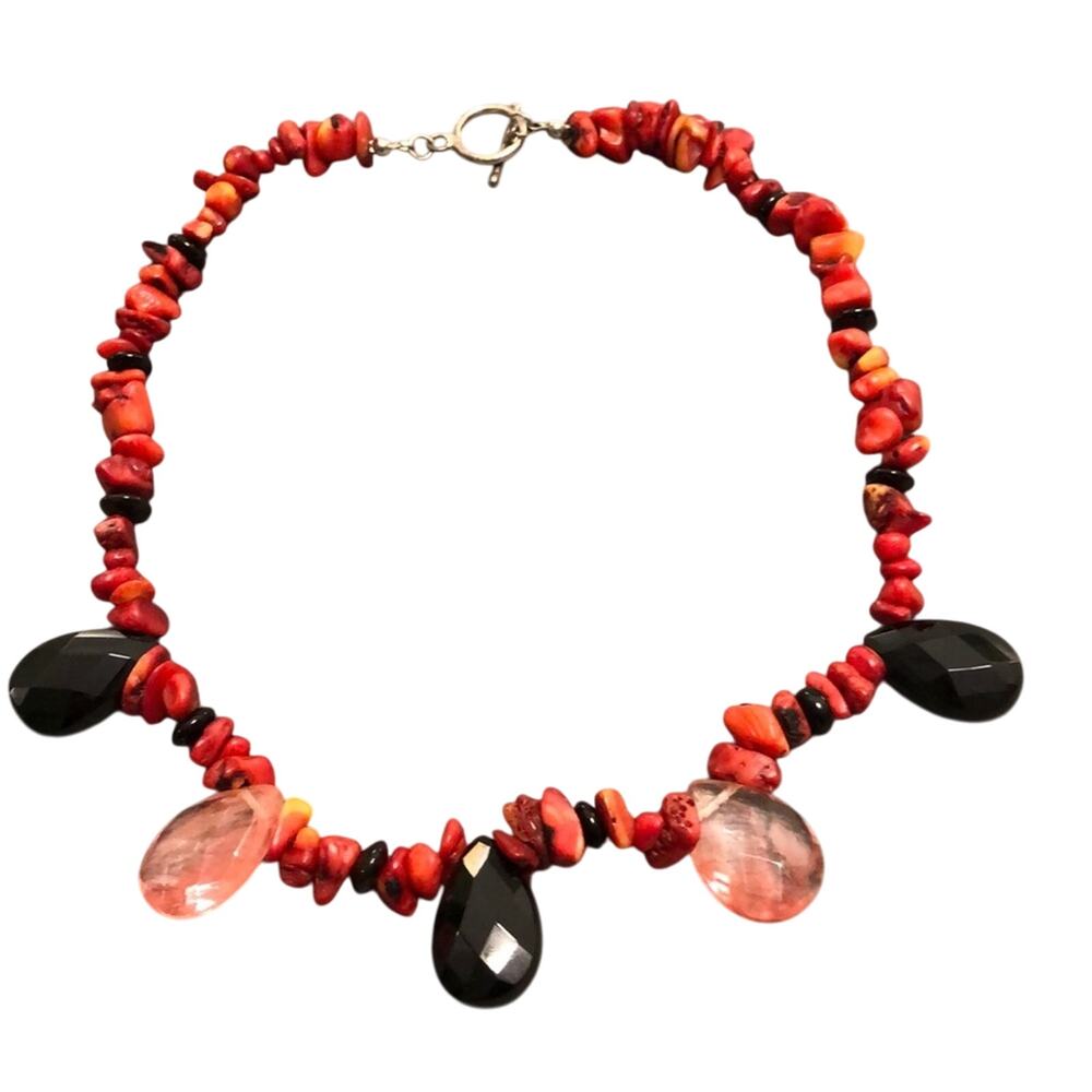 Coral and Black nugget stone choker necklace
